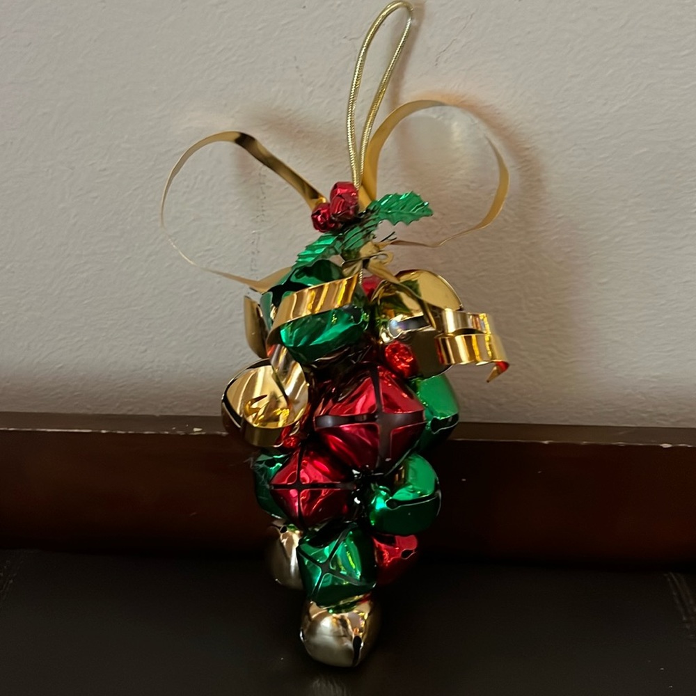 Unique Vtg Jingling Sleigh Bell Cone w/Gold Ribbon & Holly Decoration